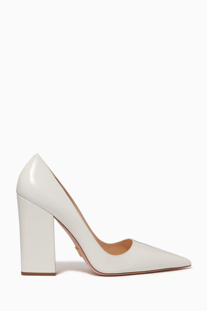 Chunky Heel Leather Pumps, White