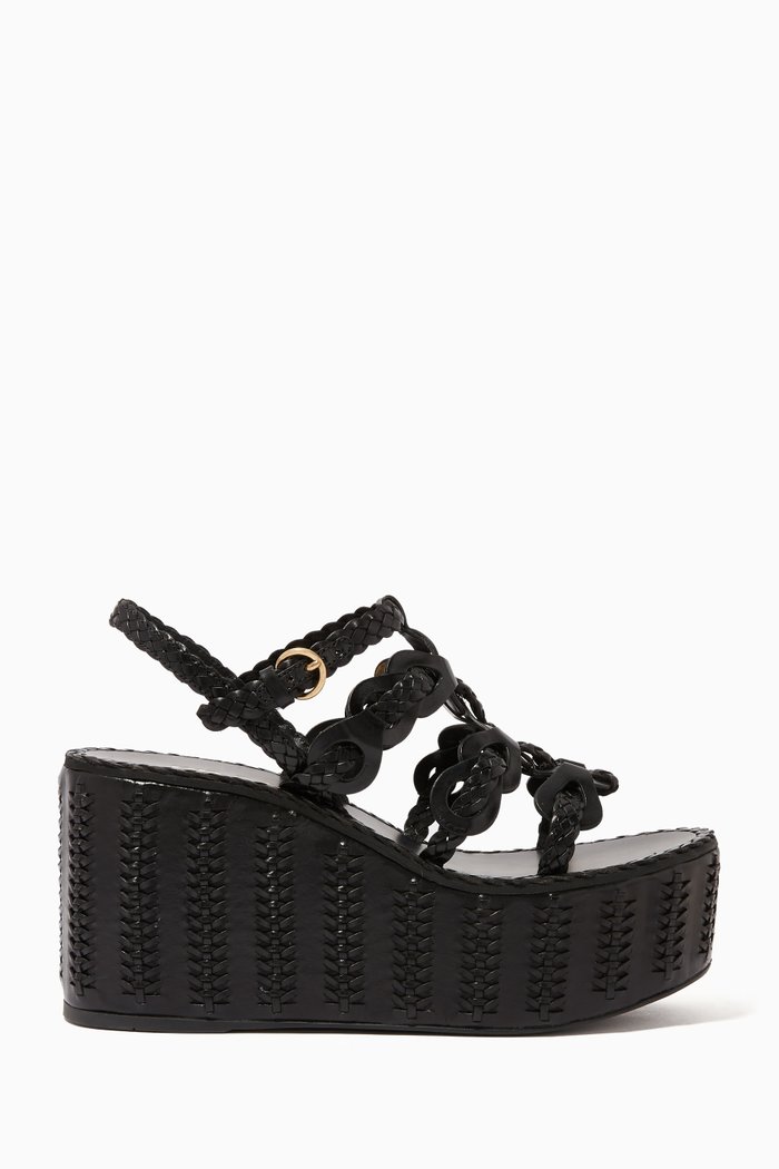 

Woven Leather Slingback Wedge Sandals, Black