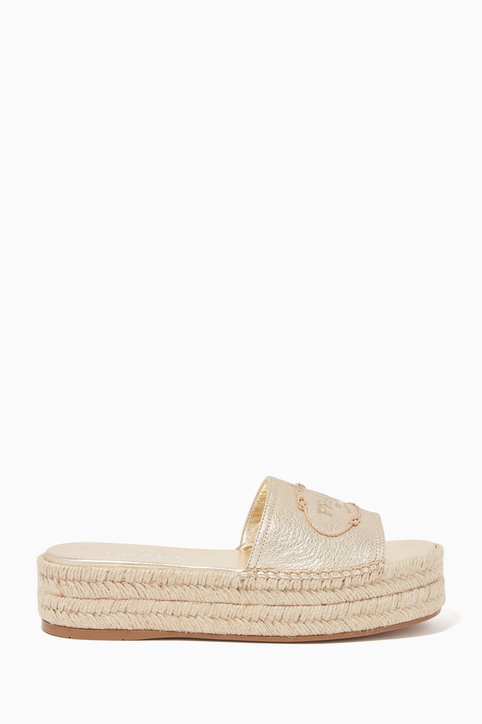 Metallic Leather Espadrille Platform Slides, Gold