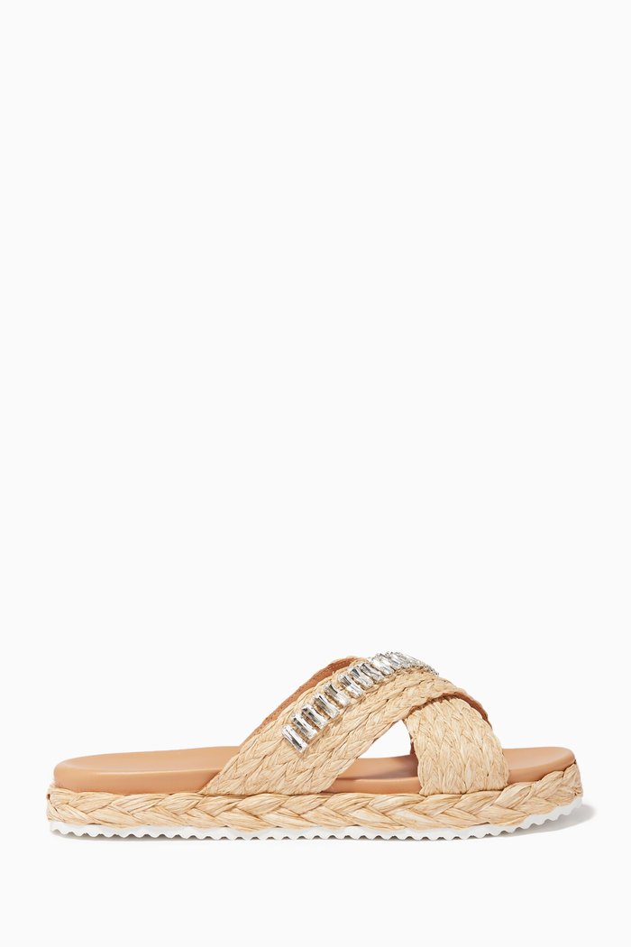 

Crystal Embellished Raffia Slides, Neutral