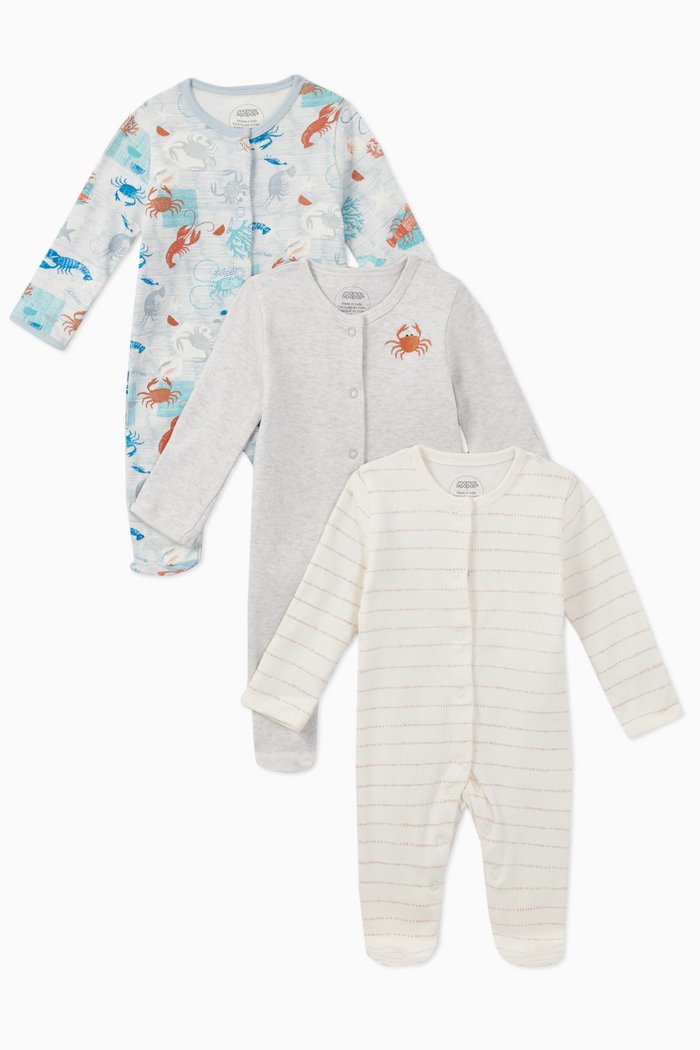 

Lobster Cotton Sleepsuit, Set of 3, Multicolour