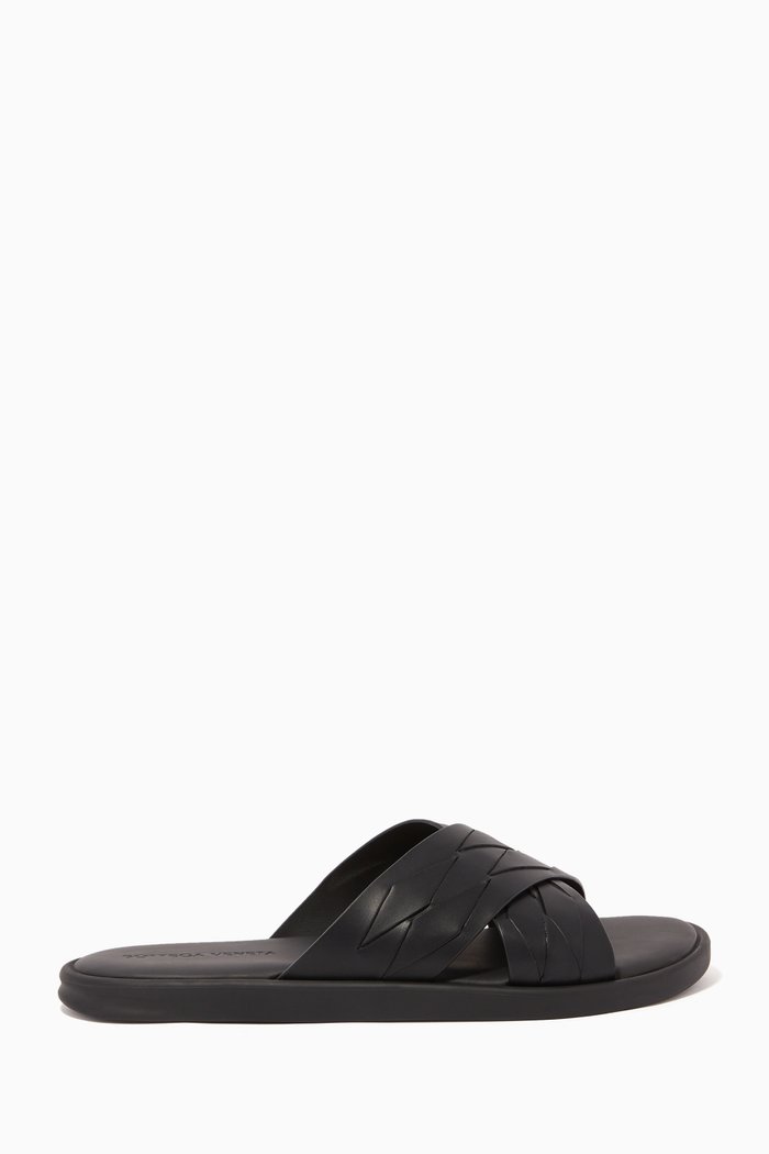 

Intrecciato Leather Crisscross Slides, Black