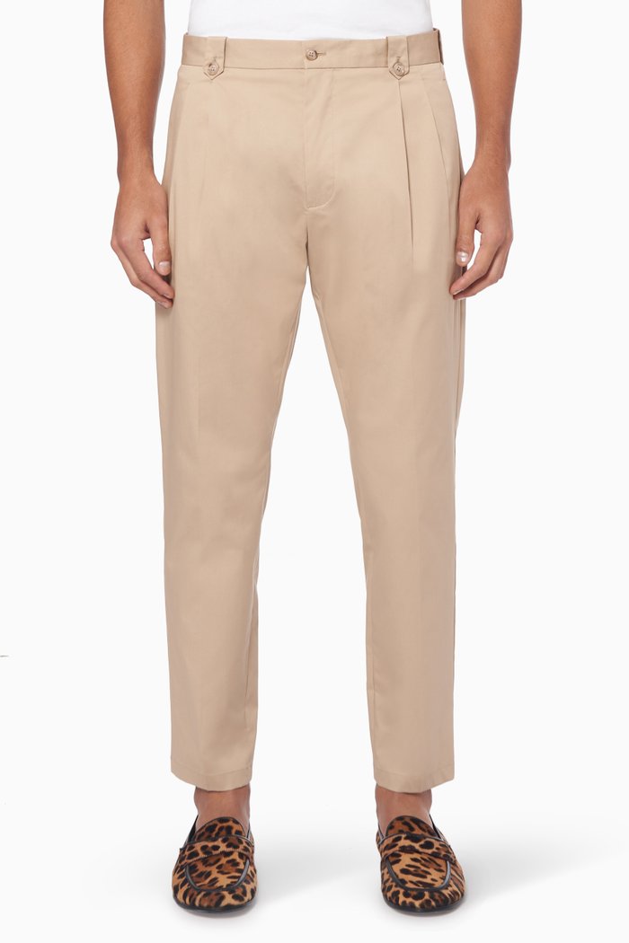 

Stretch-Cotton Pleated Chino Pants, Neutral