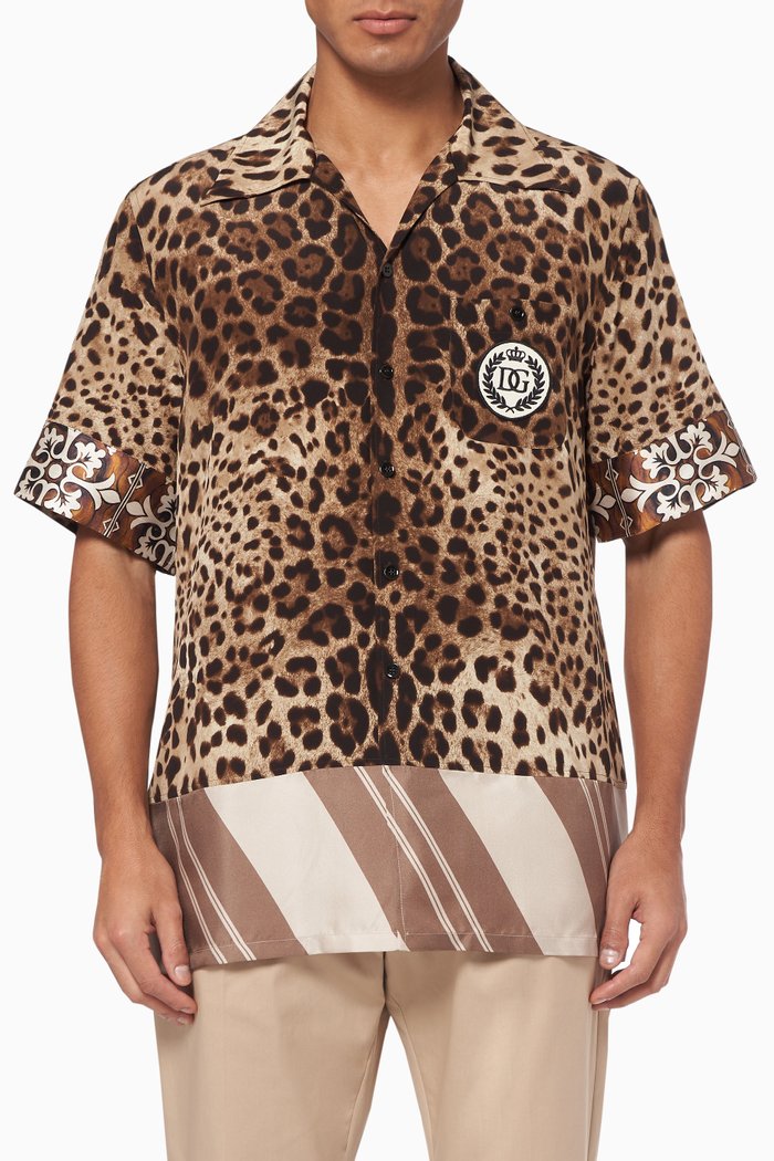

Mixed Print Silk Hawaiian Shirt, Brown