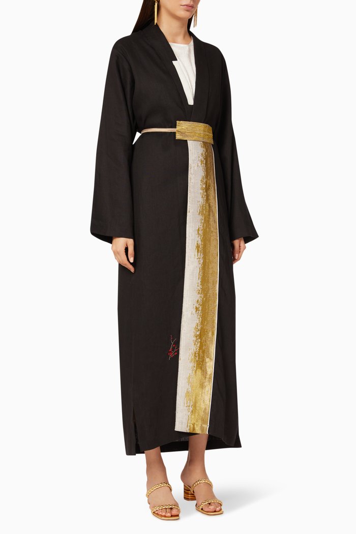 

Paneled Linen-Blend Abaya, Black