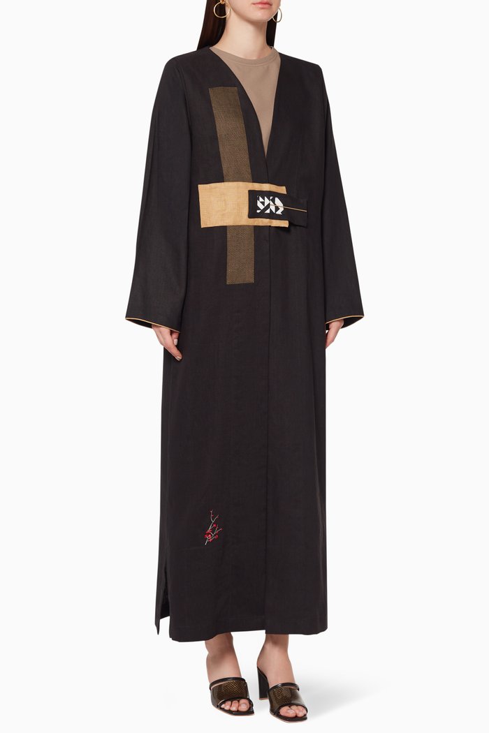 

Contrast Panel Linen Abaya, Black