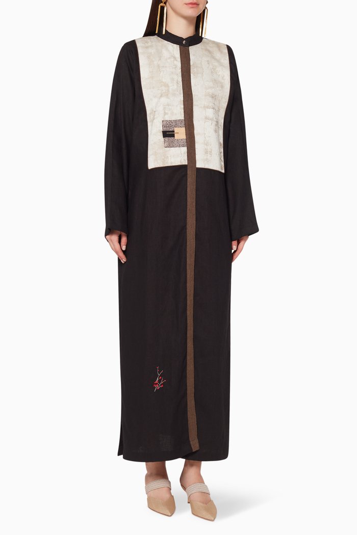 

Colourblock Linen Abaya, Black