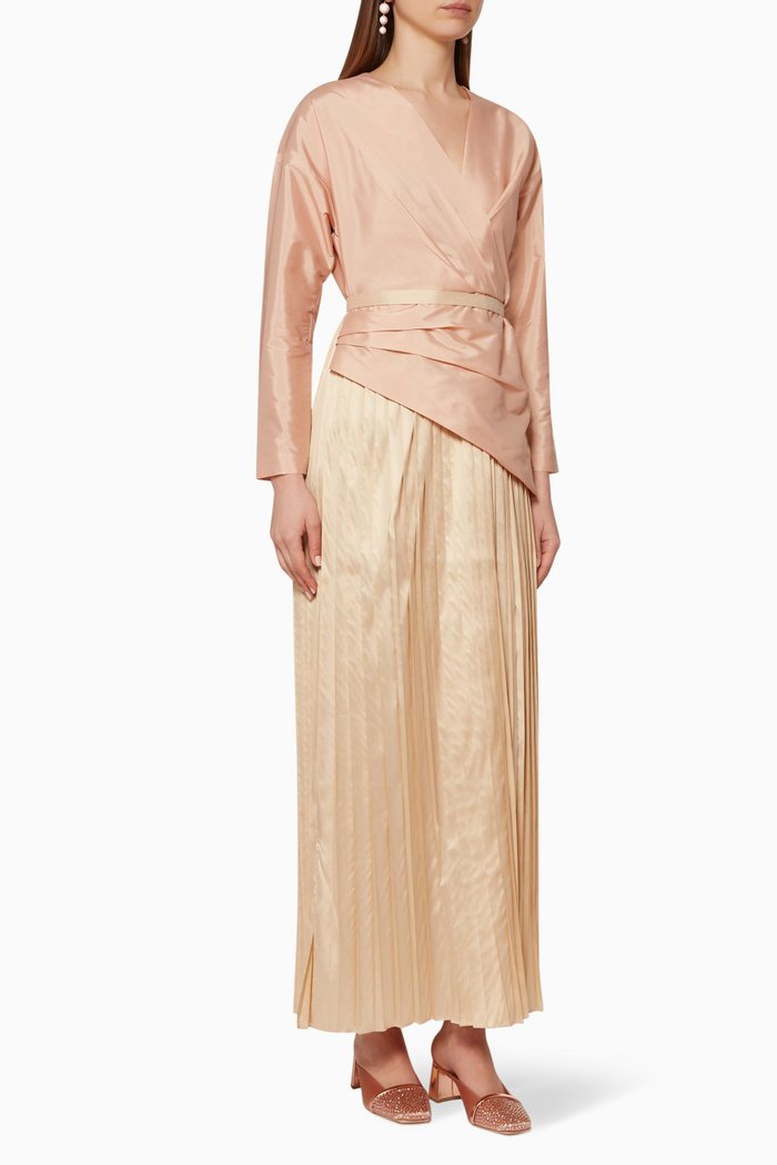 Long Sleeve Pleated Dress, Neutral
