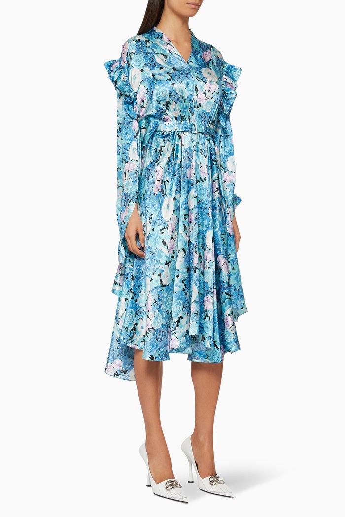 

Twisted Ruffle Silk Dress, Blue