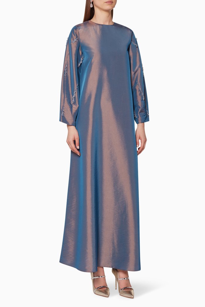 Metallic Satin Embellished Kaftan, Blue