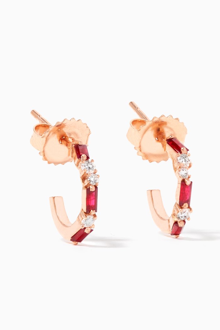 Fireworks Ruby & Diamond Thin Hoop Earrings, Rose gold