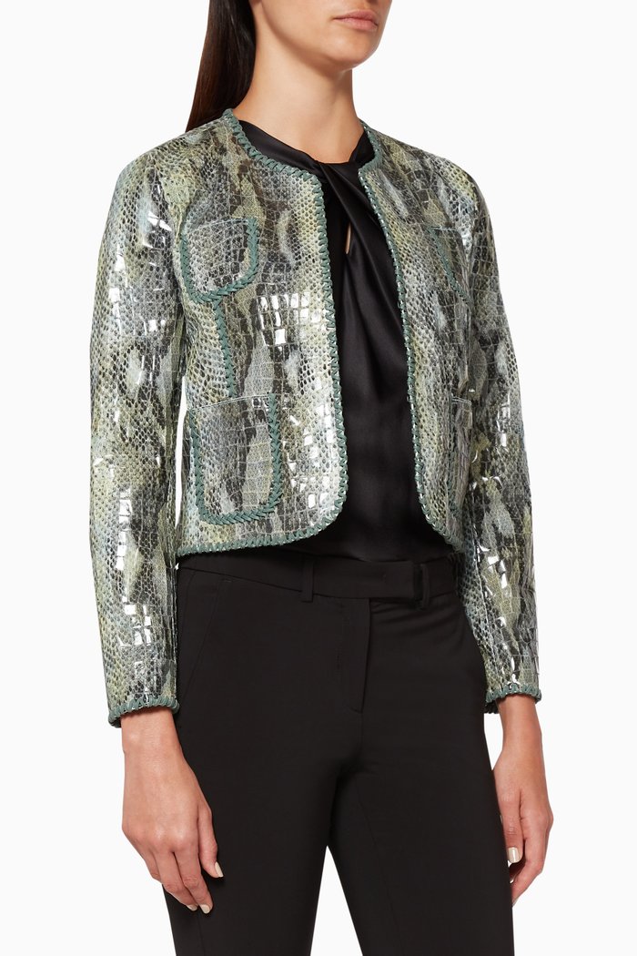 Snake-Print Cropped Jacket, Green