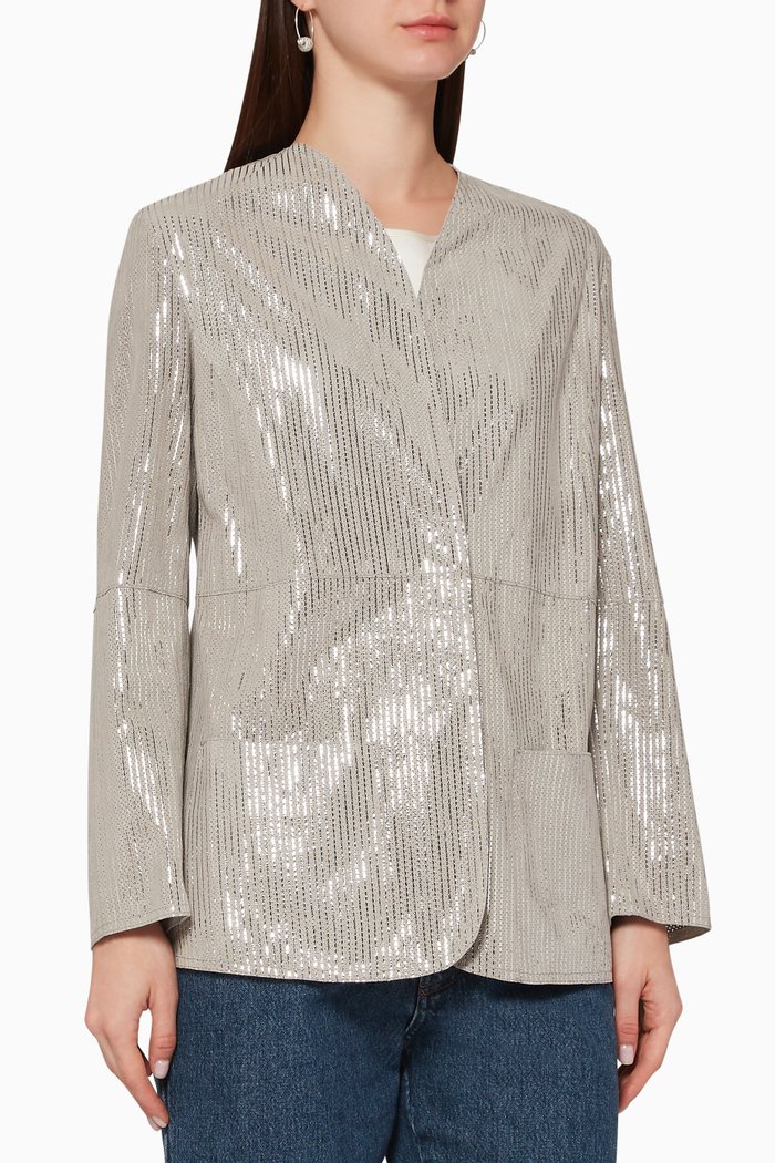 

Lurex Stripe Leather Jacket, Grey