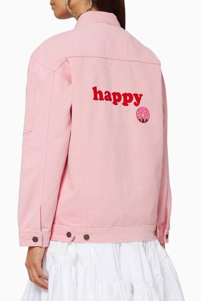 

Happy Embroidered Oversized Denim Jacket, Pink