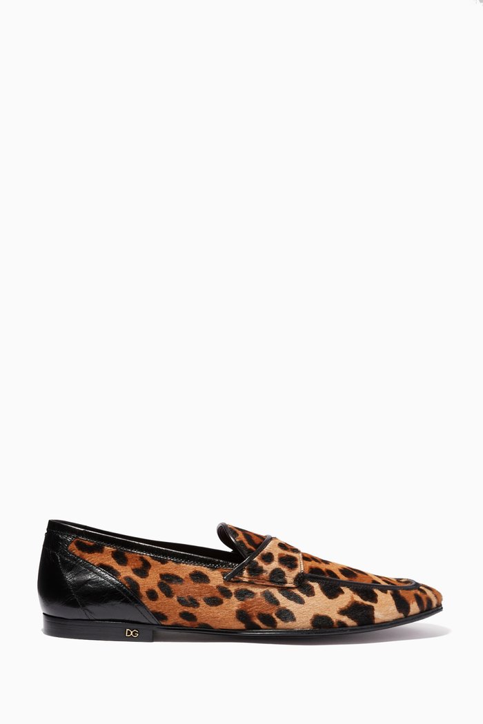 

Leopard-Print Pony Hair Penny Loafers, Brown