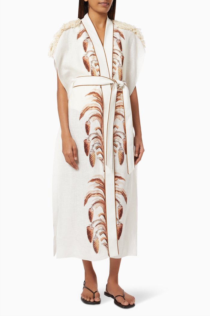 

Azul Fringed Shoulder Kaftan in Linen, White