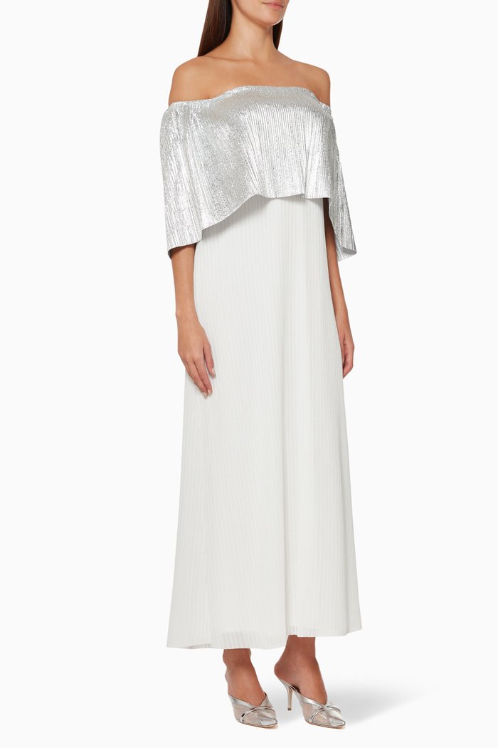 

Off-Shoulder Metallic Pleated Dress, Silver
