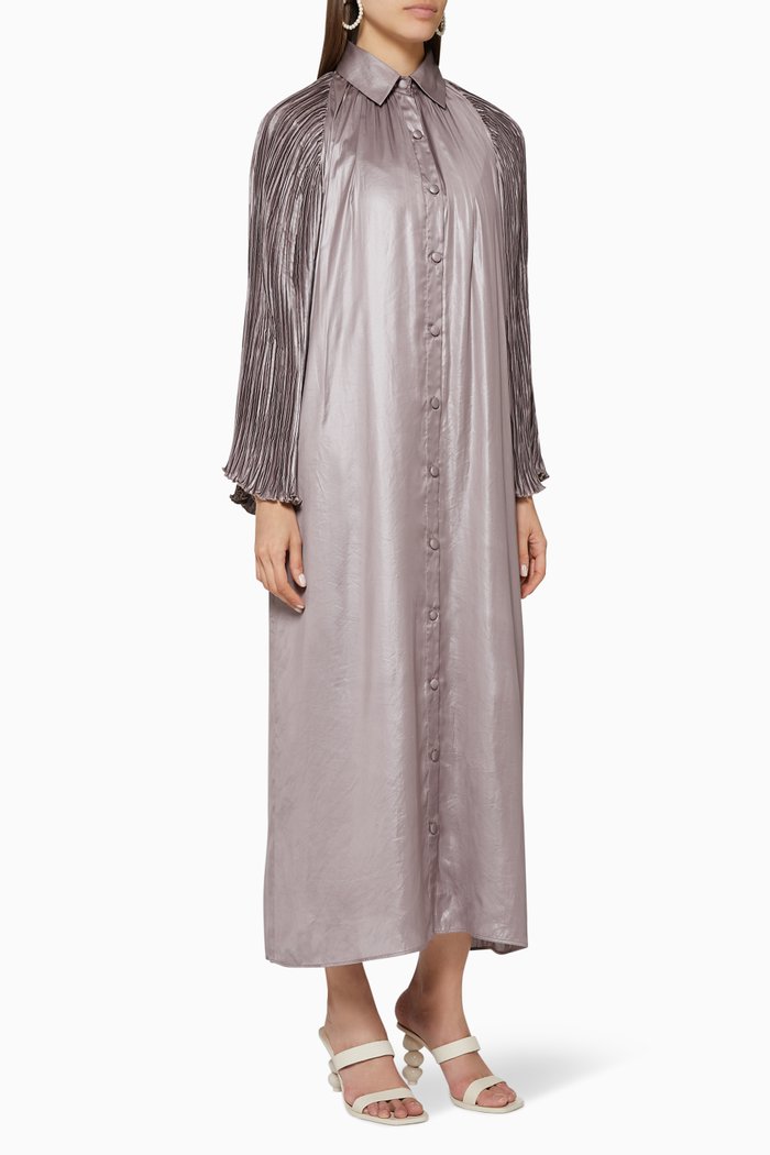 Metallic Satin Pleated Shirt Dress, Purple
