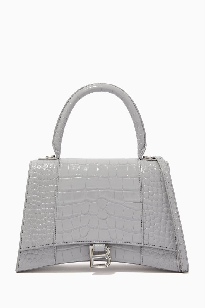 

Hourglass Top Handle Bag in Shiny Crocodile-Embossed Calfskin, Grey