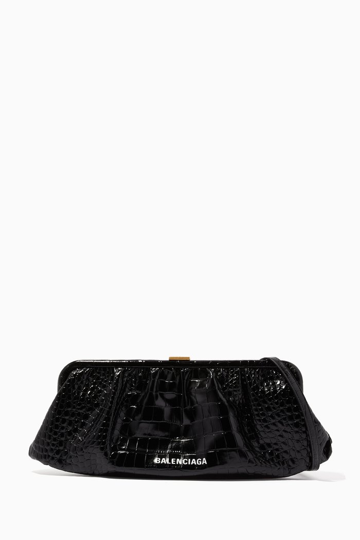 Cloud XL Clutch in Shiny Crocodile-Embossed Calfskin, Black