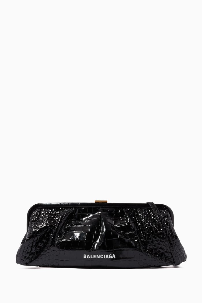 Cloud XL Clutch in Shiny Crocodile-Embossed Calfskin, Black