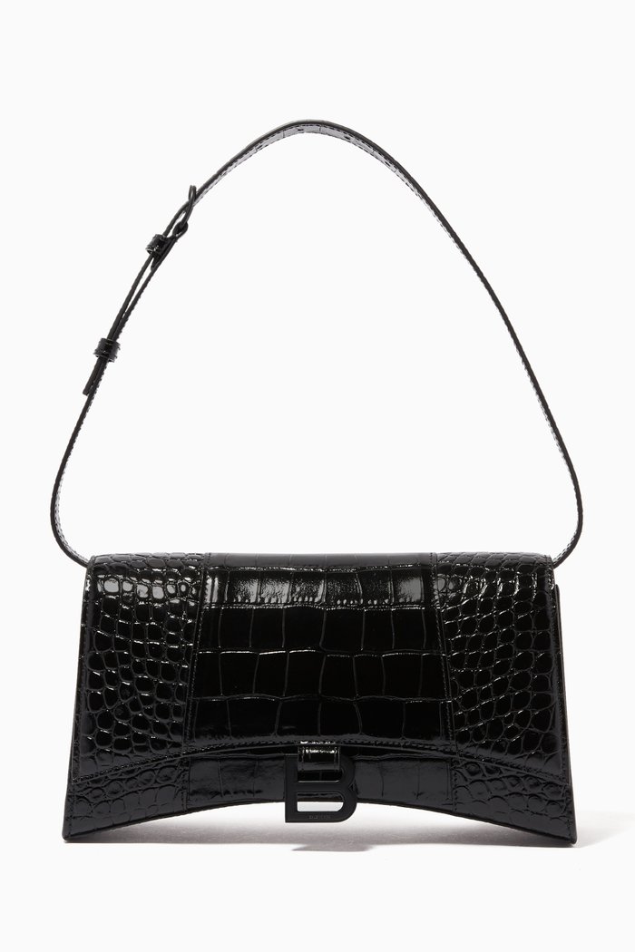 

Hourglass Sling Shoulder Bag in Shiny Crocodile-Embossed Calfskin, Black