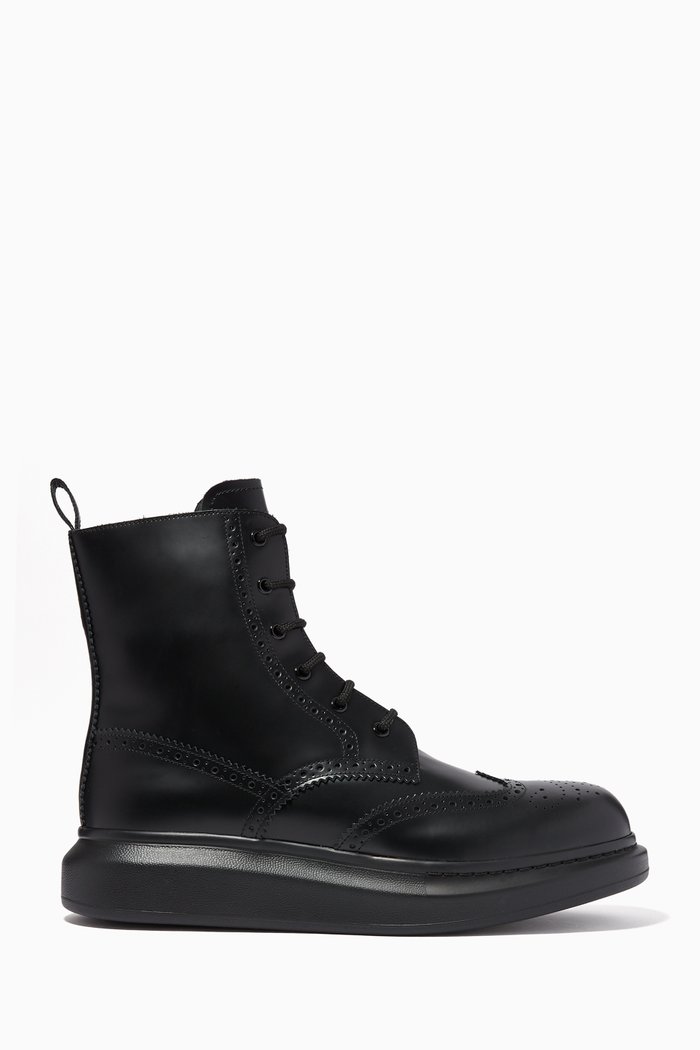 Hybrid Leather Lace-Up Boots, Black