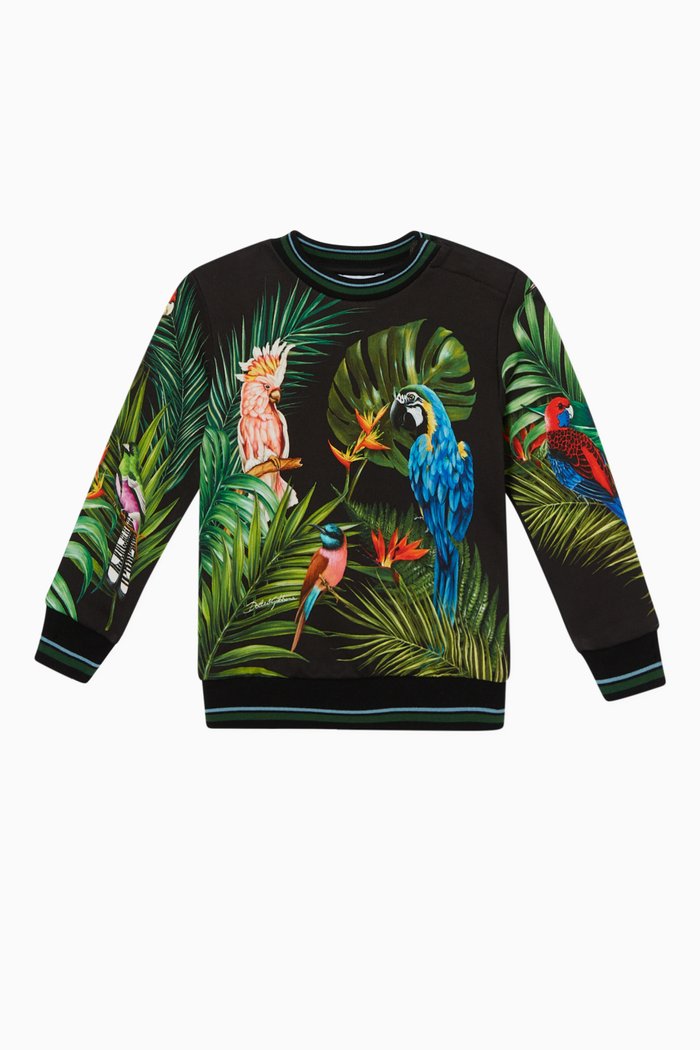 Exotic Bird Print Sweatershirt, Black