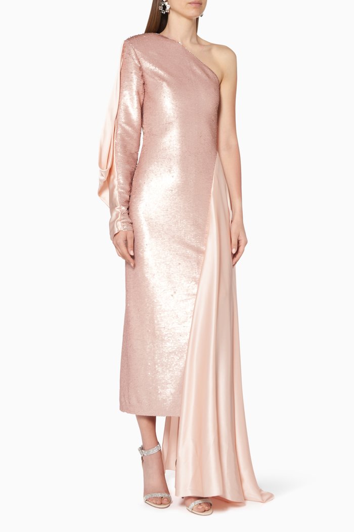 

One-Shoulder Sequinned Dress, Pink