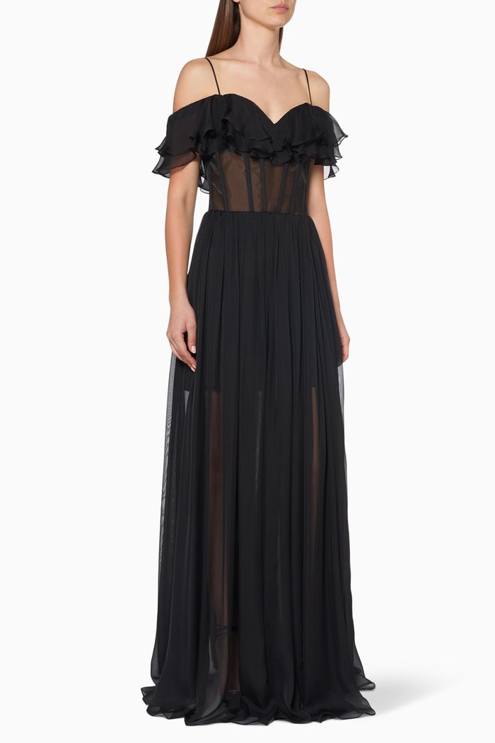 Ruffled Silk Chiffon Corset Gown, Black