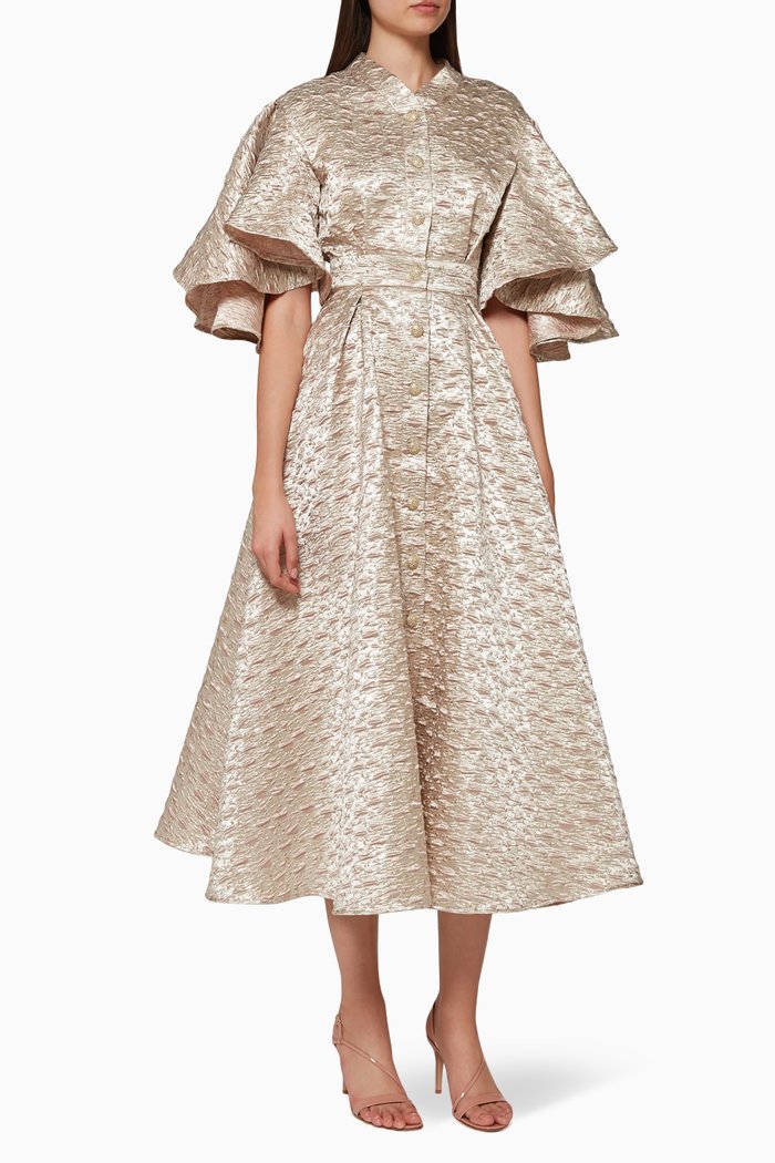 Floral Jacquard Flared Dress, Gold
