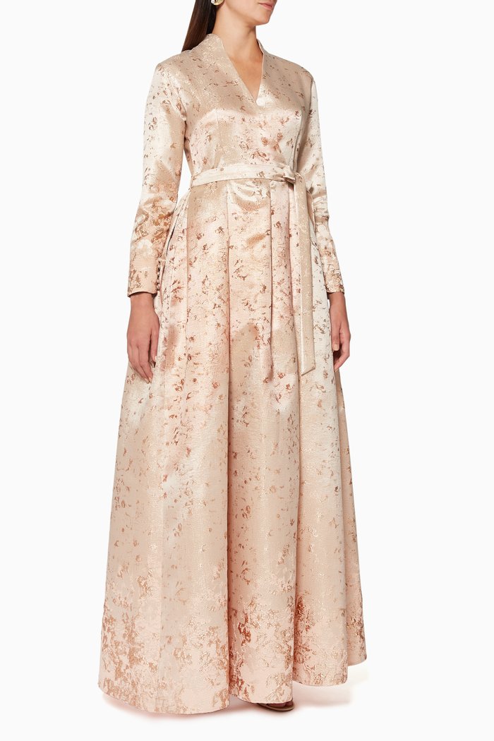 

Metallic Jacquard Belted Wrap Dress, Pink
