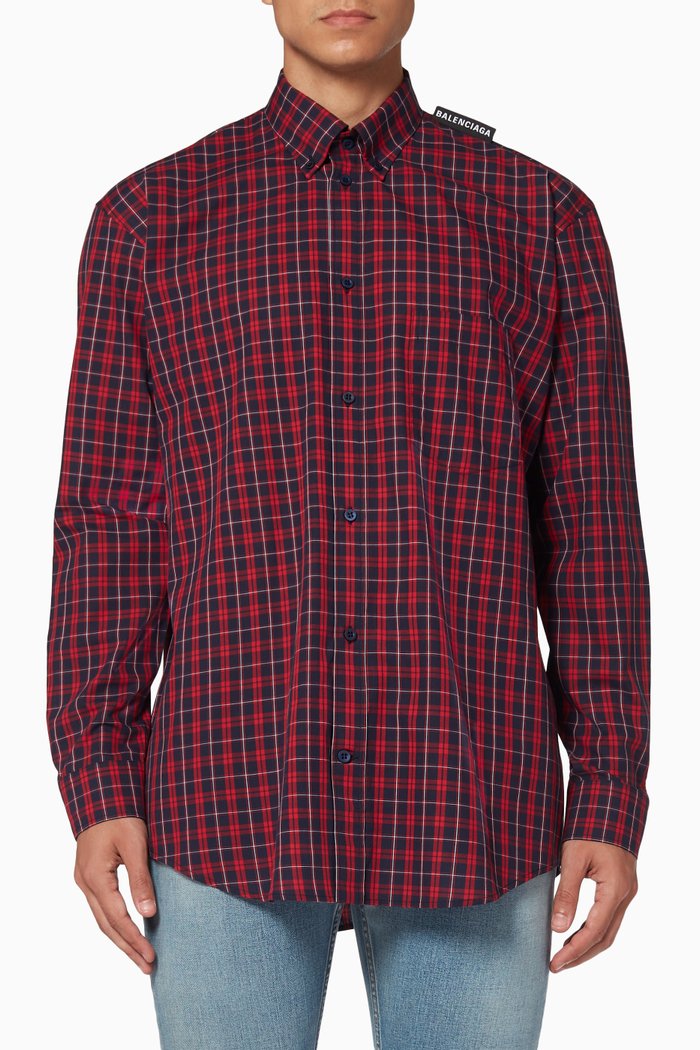 

Checkered Cotton-Poplin Tab Shirt, Red