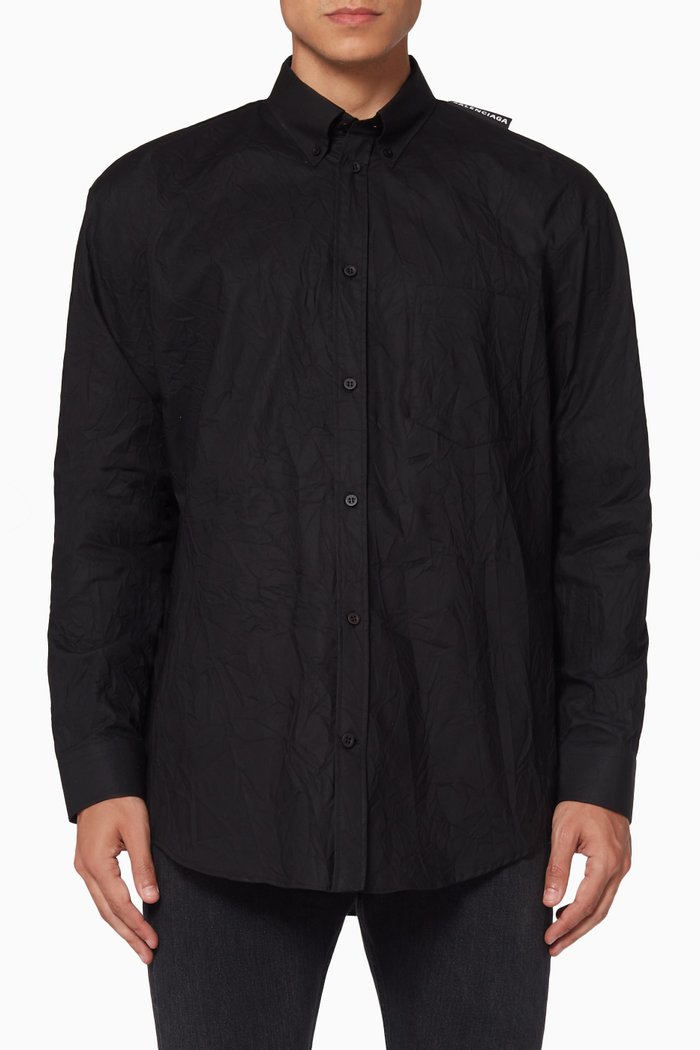 

Crinkled Cotton Poplin Shirt, Black