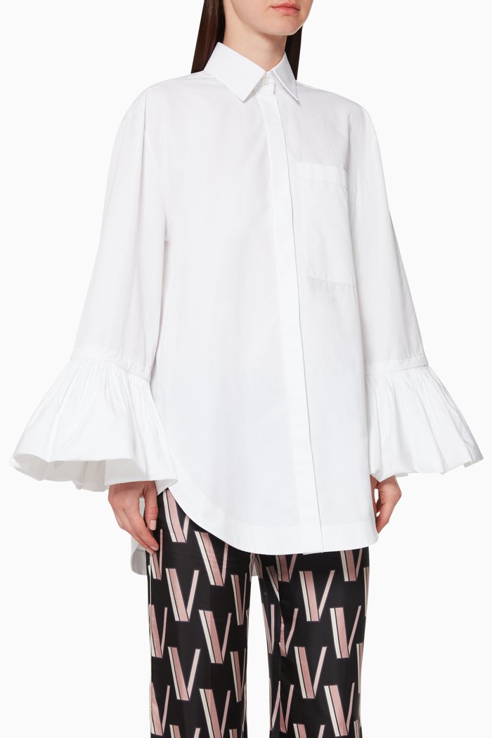 

Ruffled Sleeve Cotton Shirt, White