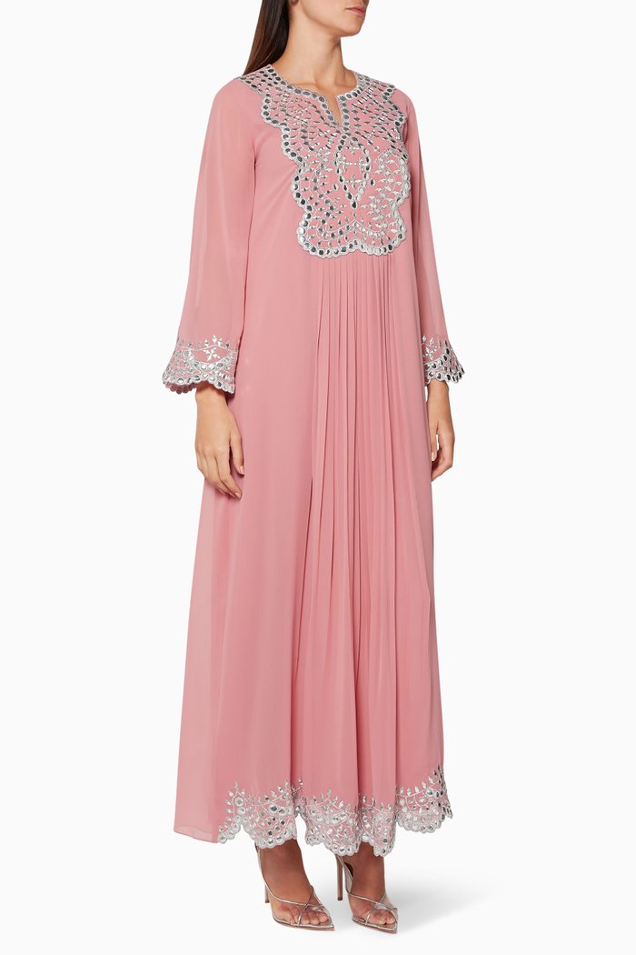 Embroidered Pleated Jalabiya, Pink