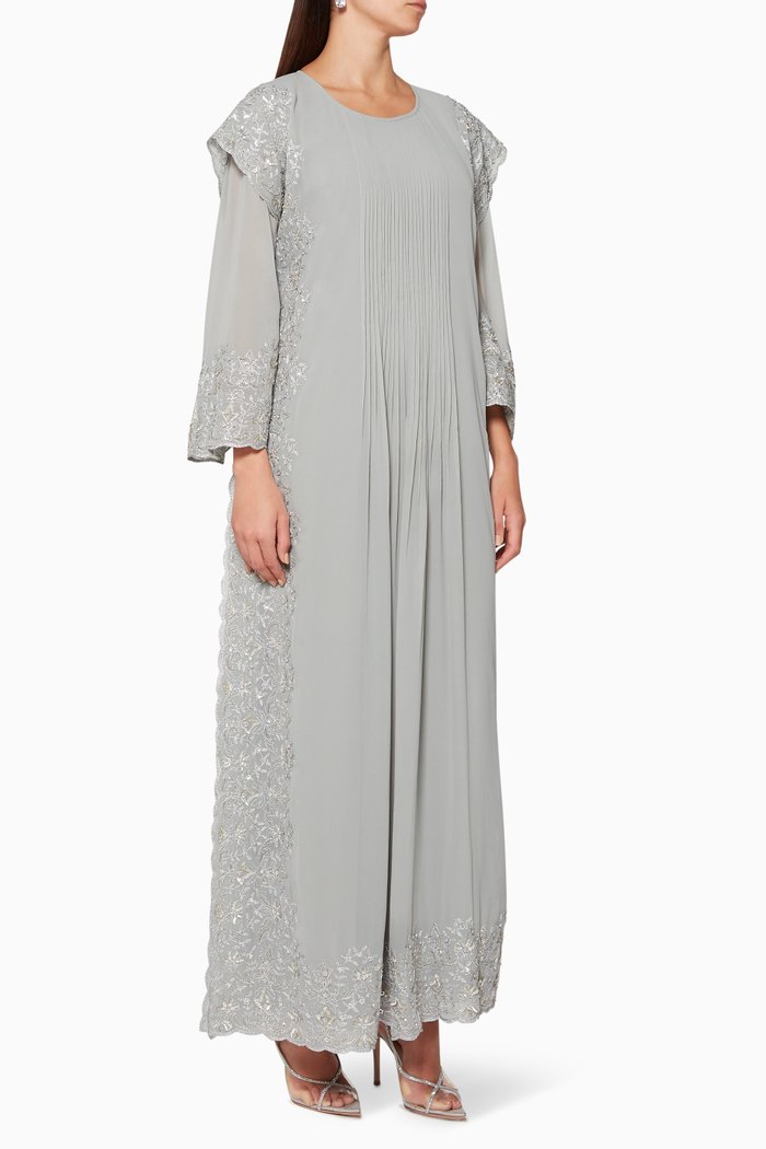 

Embroidered Belted Jalabiya, Grey