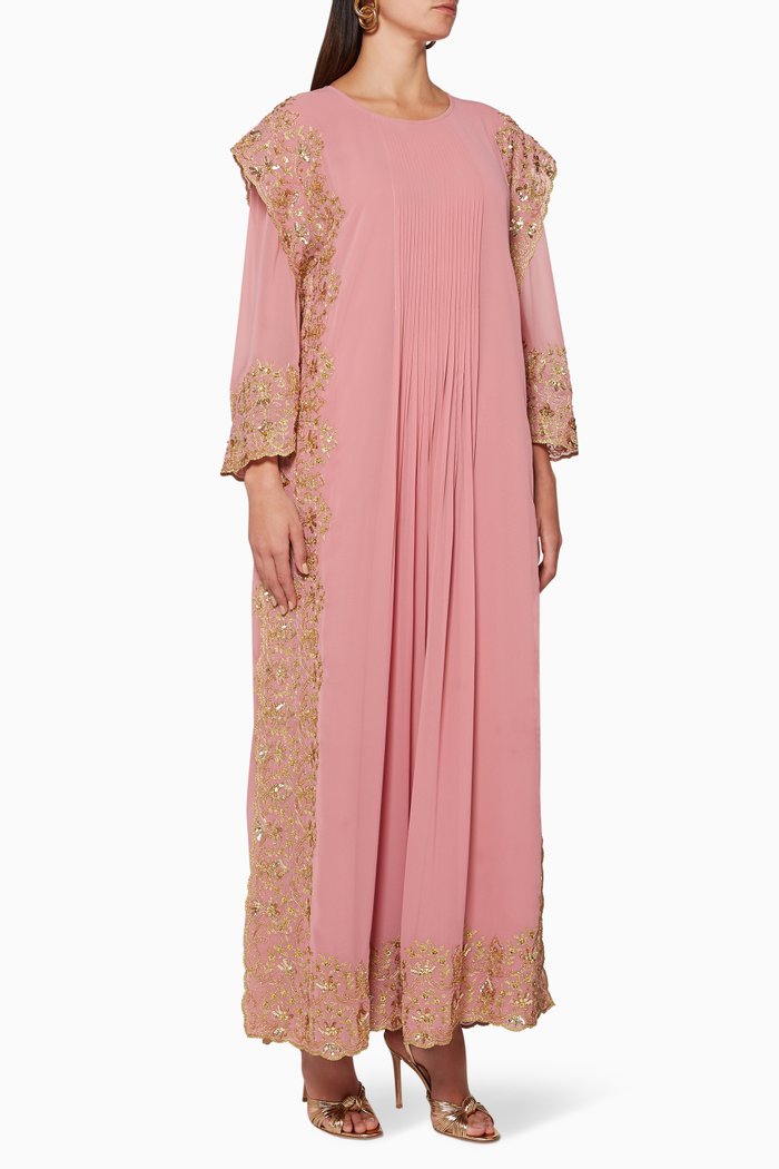 Embroidered Belted Jalabiya, Pink