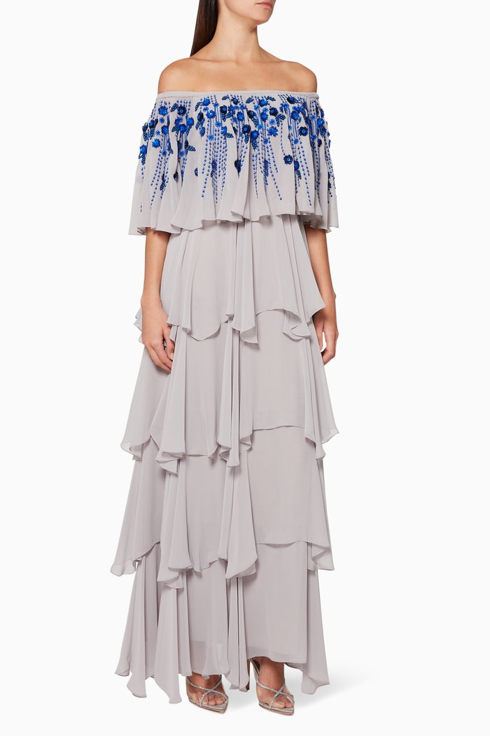 

Embroidered Off-The-Shoulder Gown, Grey