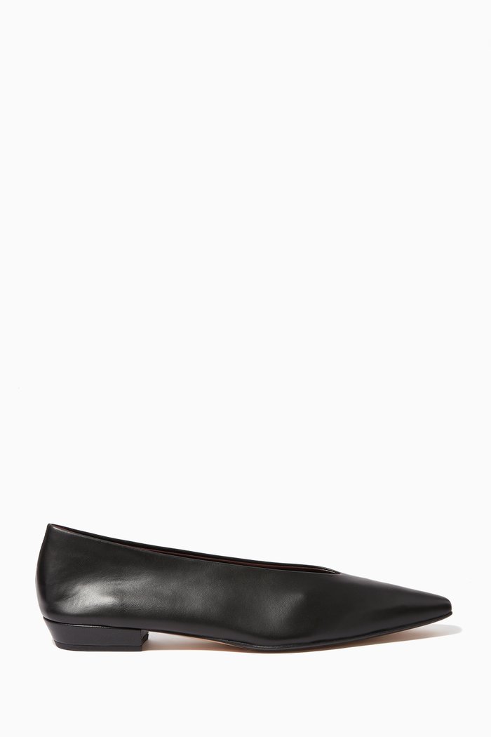 

Almond Nappa Leather Flats, Black