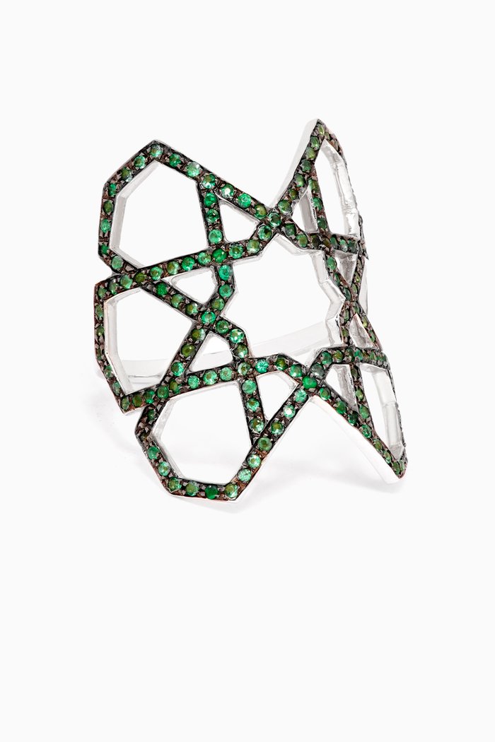 

Arabesque Deco Emerald Ring in 18kt White Gold, Green