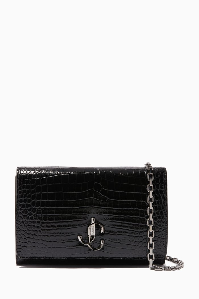Varenne Clutch Bag in Shiny Croc-Embossed Leather, Black