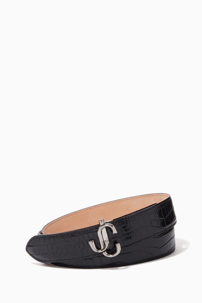 

Felisa Shiny Croco-Embossed Leather Belt, Black