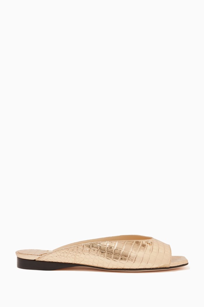 

Jynx Flat Sandals in Metallic Crocodile-Embossed Leather, Gold