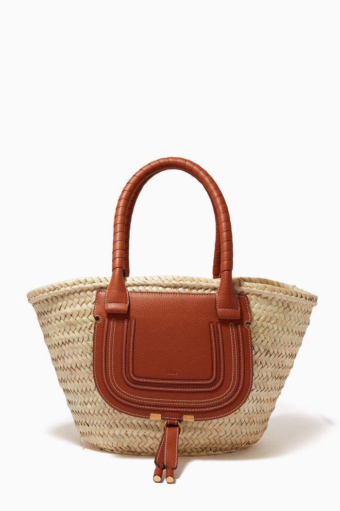 

Medium Marcie Basket Bag in Raffia & Grained Calfskin, Brown