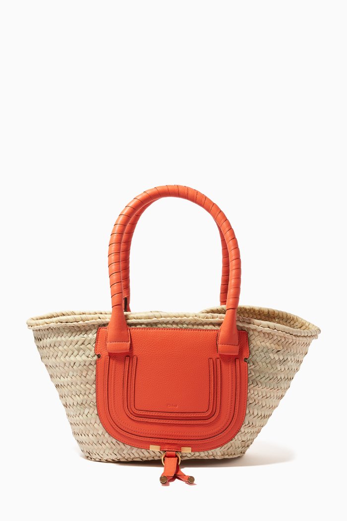 

Medium Marcie Basket Bag in Raffia & Grained Calfskin, Orange