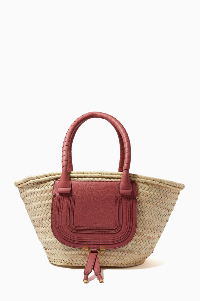 

Medium Marcie Basket Bag in Raffia & Grained Calfskin, Pink