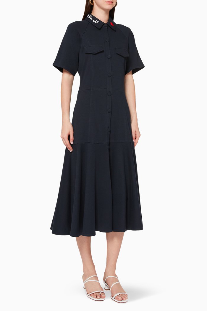

Jersey Dress with Hand-Embroidered Collar, Blue