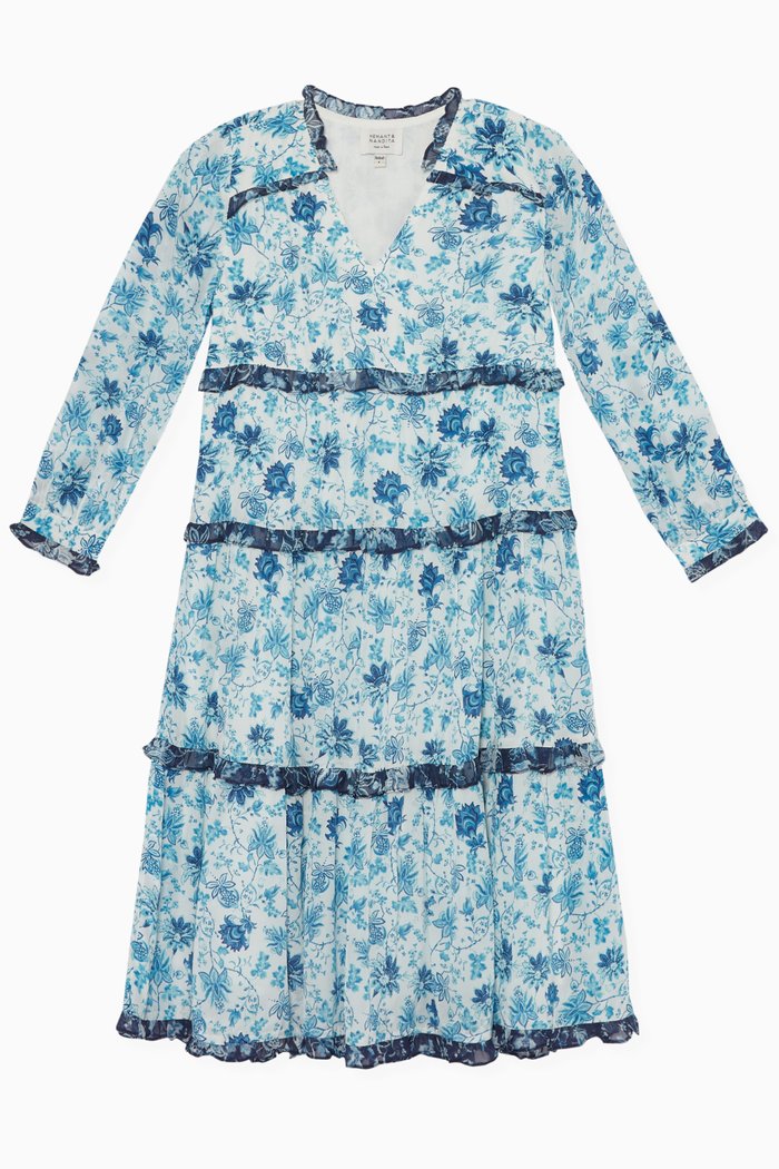 

Floral-Print Ruffled Dress, Blue