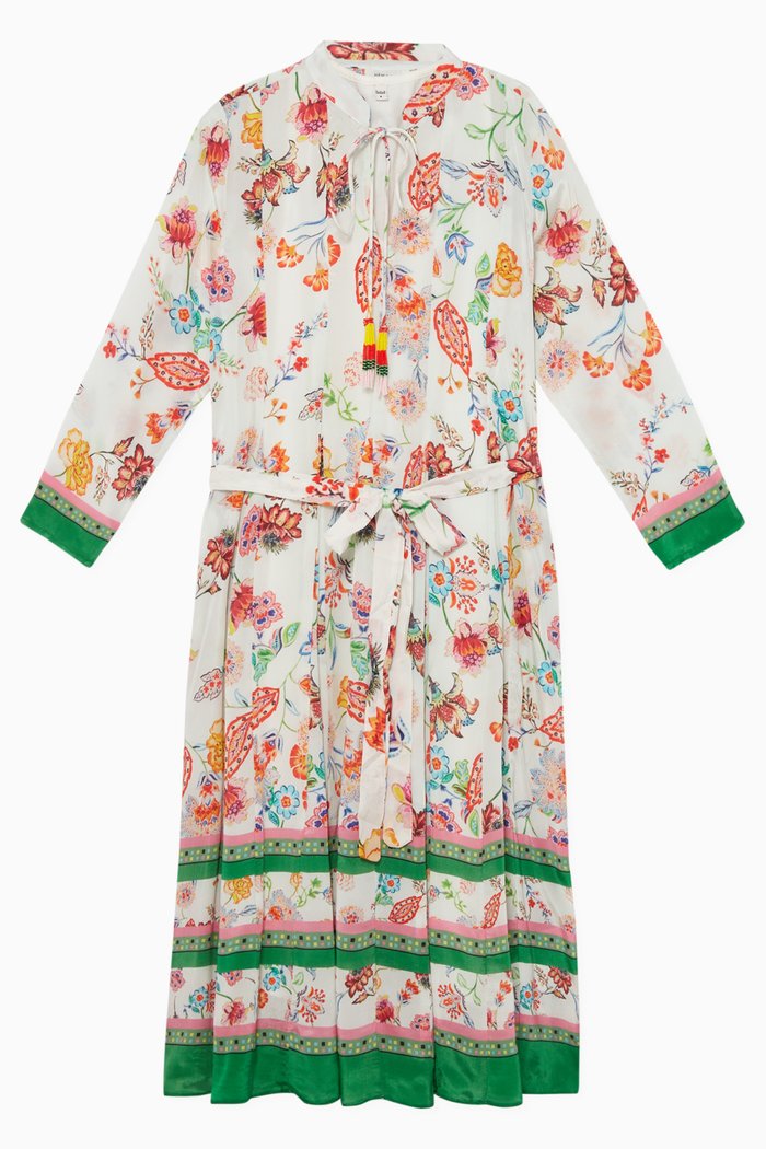 

Floral Print Belted Dress, White